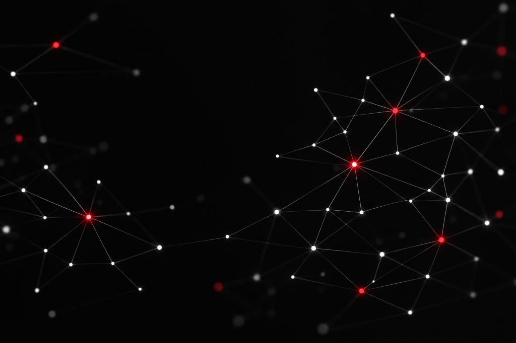 Abstract network of white nodes with red highlights representing search and generative-engine optimization