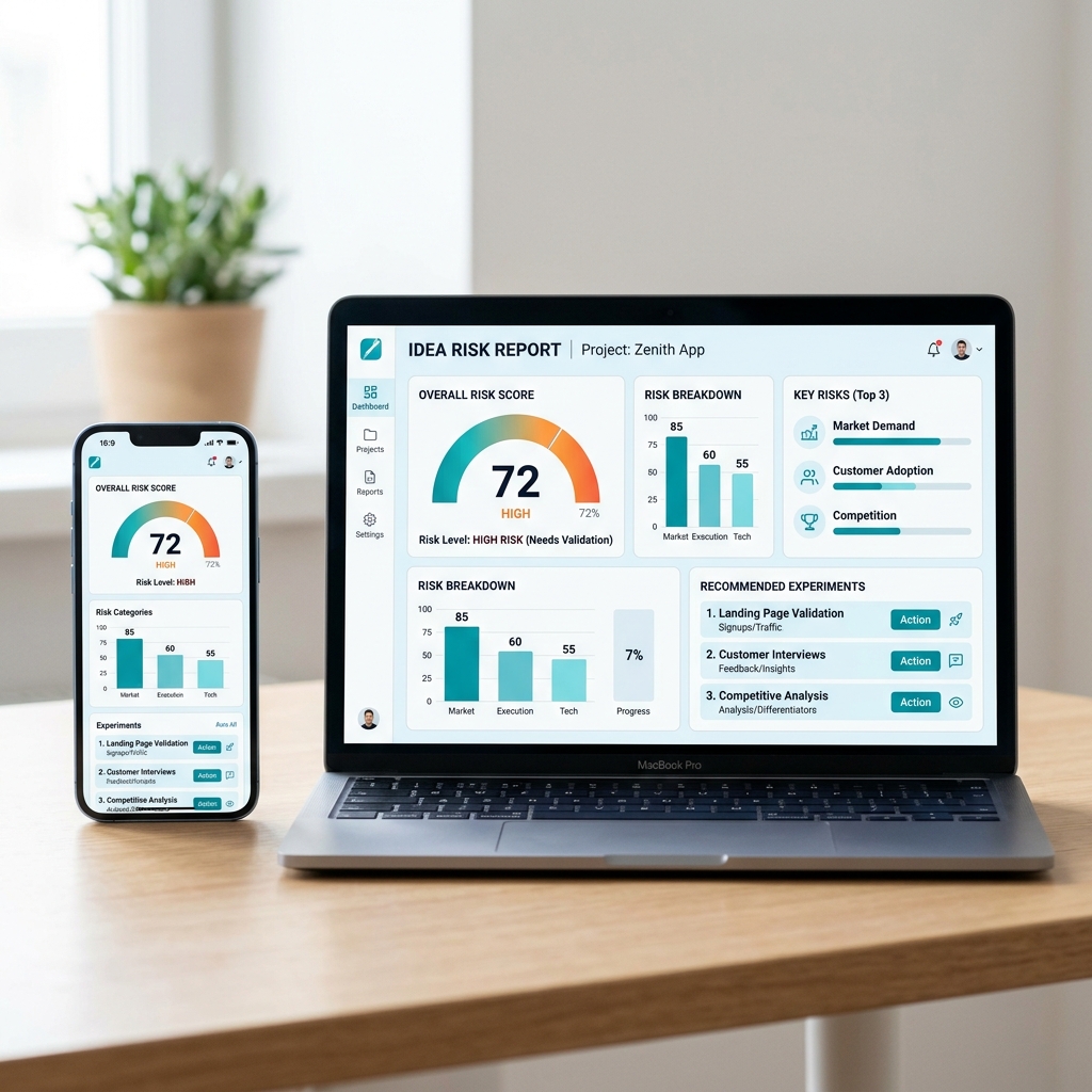 SmokeScan — Idea Risk Report en laptop y móvil