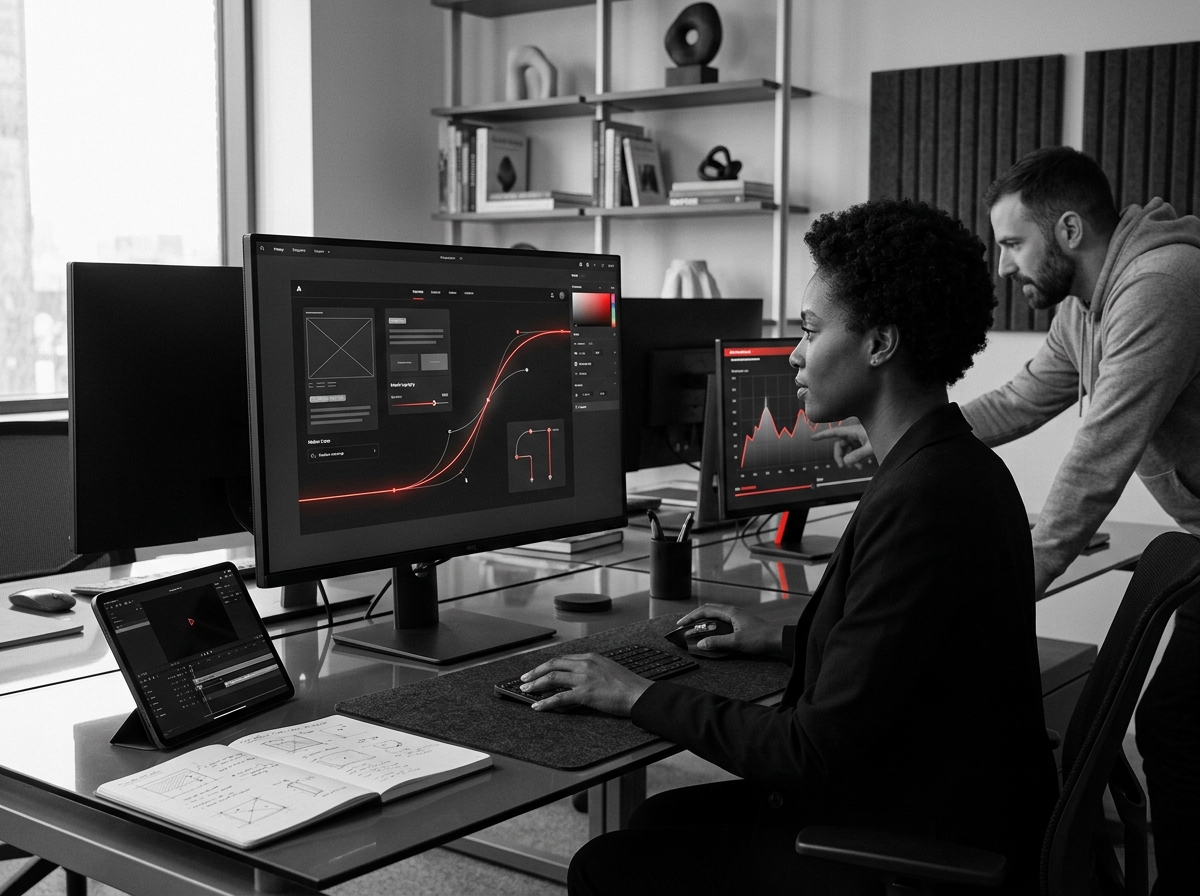 Contaxto product interface, dark dashboard with red accent detail