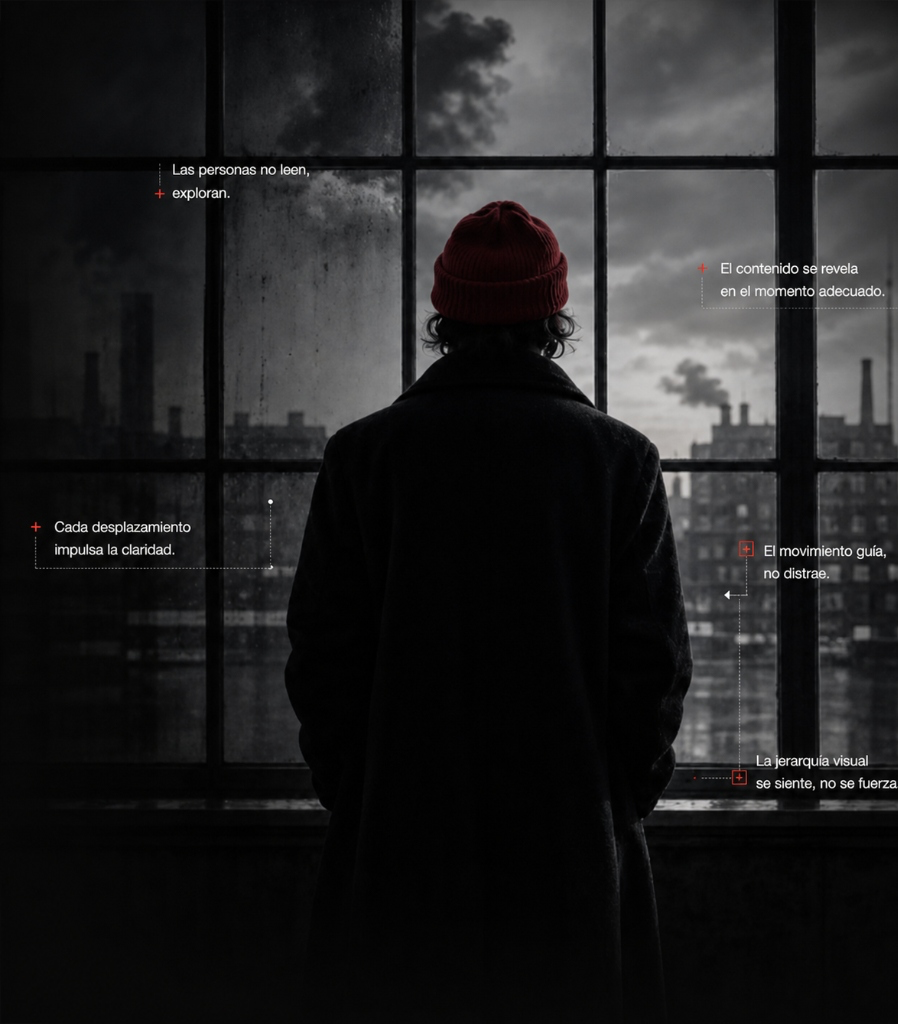 Figure at industrial window with motion and interaction choreography notes